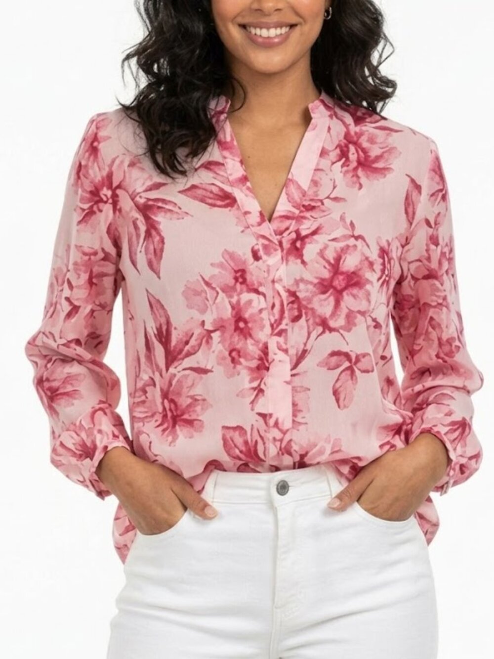 Zara Floral Cotton Blouse PInk Red Medium Balloon Sleeve Boho Cottagecore